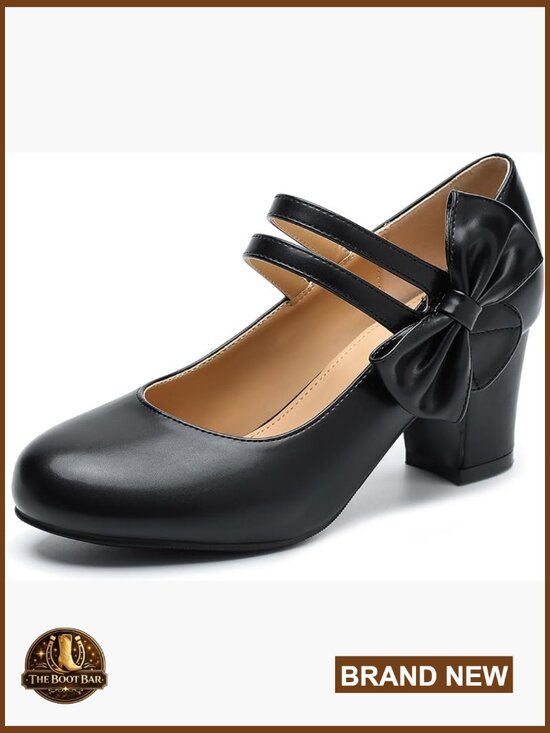 Shoes - Women's Mary Jane Pumps Chunky Heel Bow Double Strap Closed Toe Block Heel Shoes